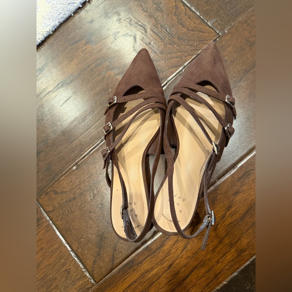 a new day Brown Pointed-Toe Strappy Suede Flats